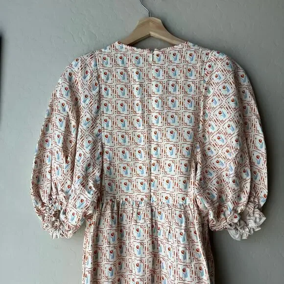 Hunter Bell Dress Palmer Floral Tulip Puff Sleeve White Orange Maxi Dress‎ Sz M - Picture 7 of 9